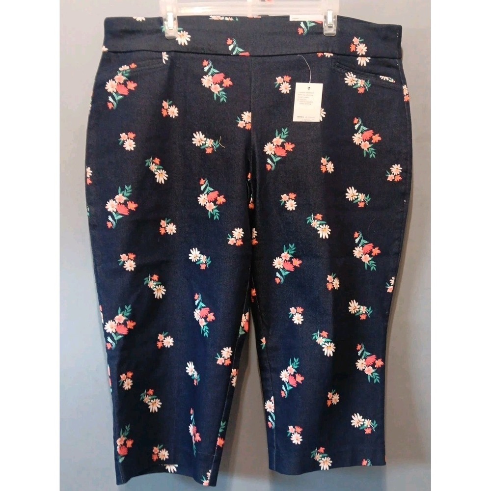 NWT Capri Pants Womens Plus Size 18R Garden Floral Pull On Stretchy Embroidered